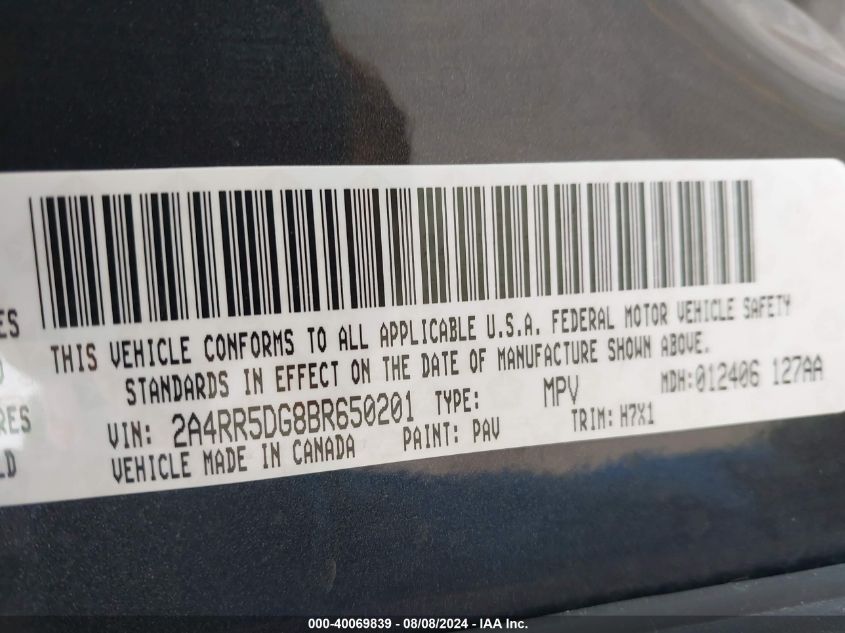 2011 Chrysler Town & Country Touring VIN: 2A4RR5DG8BR650201 Lot: 40069839