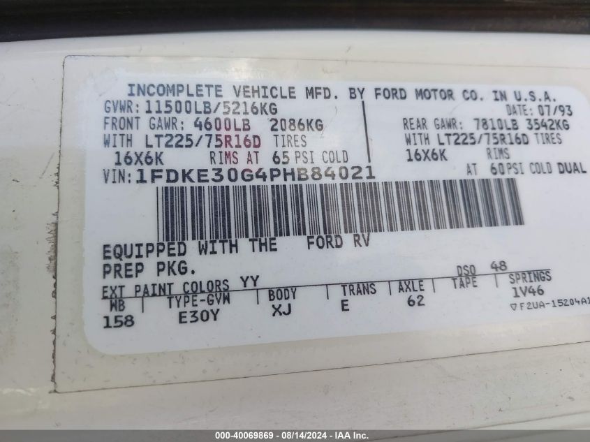 1993 Ford Econoline E350 Cutaway Van VIN: 1FDKE30G4PHB84021 Lot: 40069869