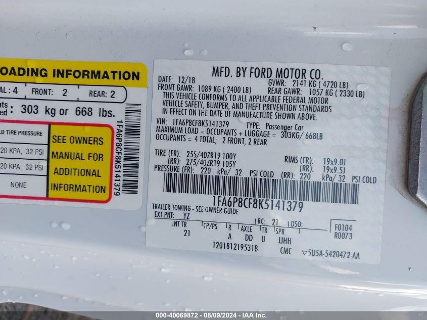 2019 Ford Mustang Gt VIN: 1FA6P8CF8K5141379 Lot: 40069872