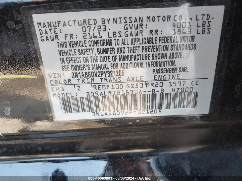 2023 Nissan Sentra Sr Xtronic Cvt VIN: 3N1AB8DV2PY321205 Lot: 40069883