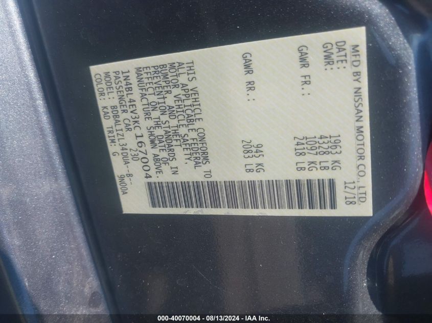 1N4BL4EV3KC167004 2019 Nissan Altima 2.5 Sl