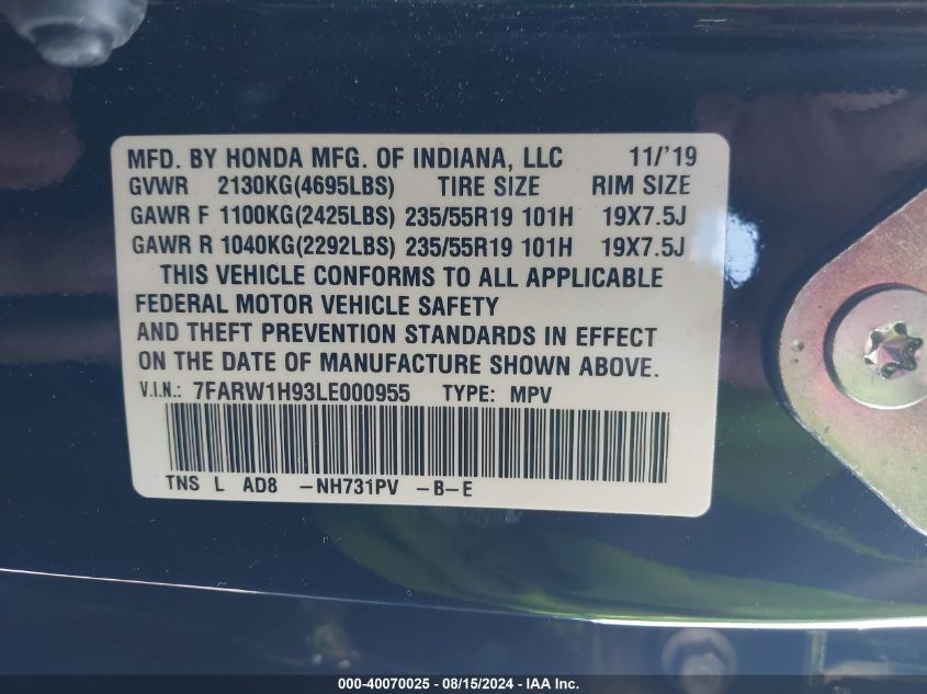 2020 Honda Cr-V 2Wd Touring VIN: 7FARW1H93LE000955 Lot: 40070025