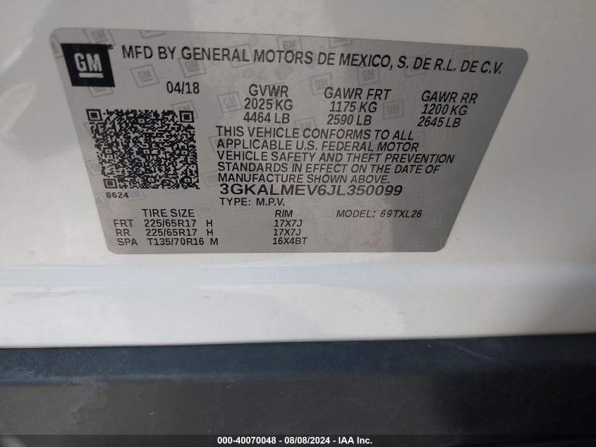 2018 GMC Terrain Sle VIN: 3GKALMEV6JL350099 Lot: 40070048