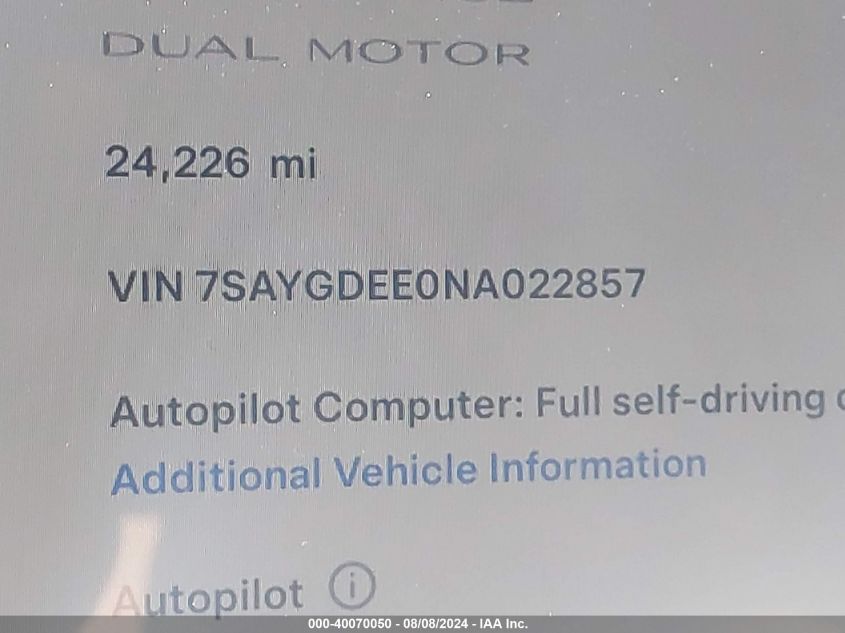 2022 Tesla Model Y Long Range Dual Motor All-Wheel Drive VIN: 7SAYGDEE0NA022857 Lot: 40070050