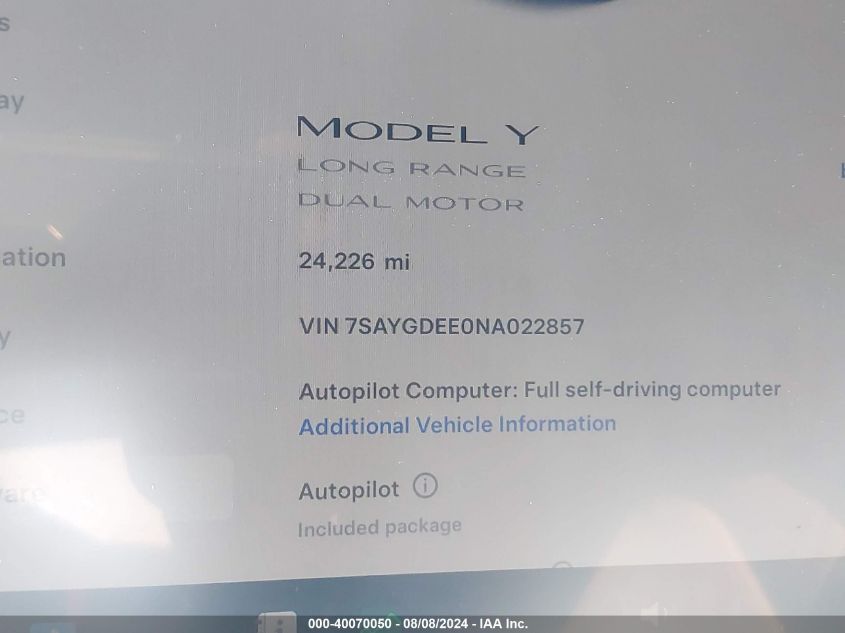 2022 Tesla Model Y Long Range Dual Motor All-Wheel Drive VIN: 7SAYGDEE0NA022857 Lot: 40070050