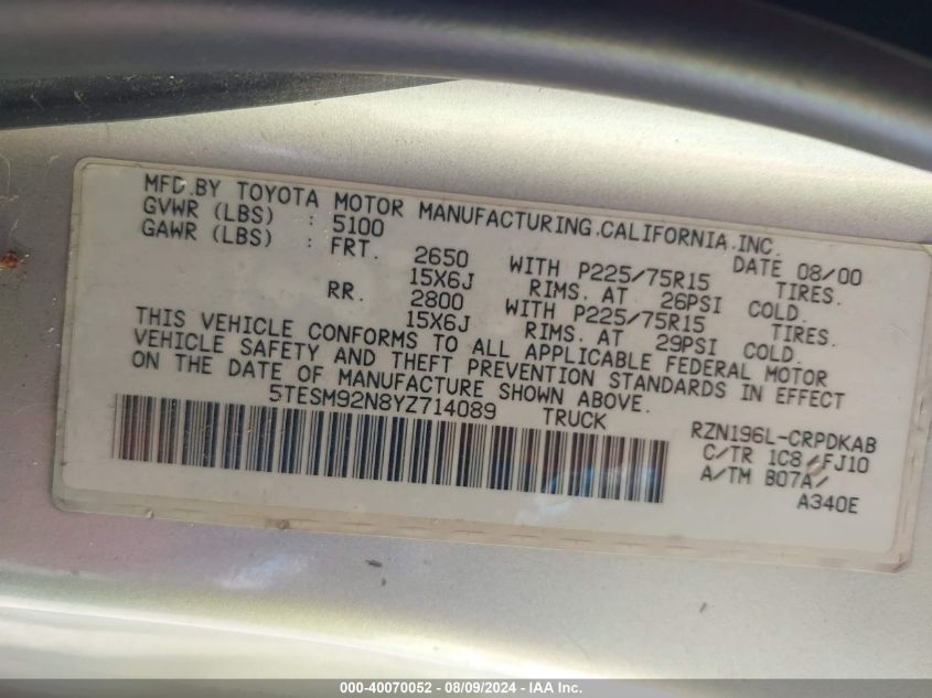 2000 Toyota Tacoma Prerunner VIN: 5TESM92N8YZ714089 Lot: 40070052