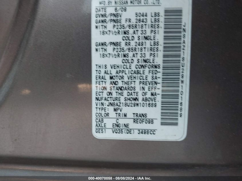 2009 Nissan Murano Sl VIN: JN8AZ18U29W101689 Lot: 40070058