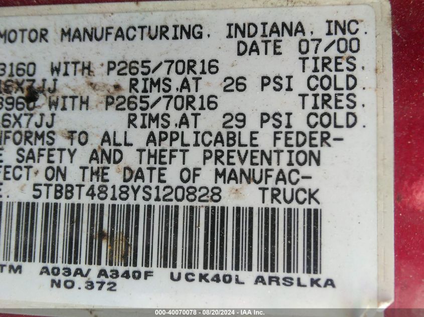 2000 Toyota Tundra Ltd V8 VIN: 5TBBT4818YS120828 Lot: 40070078