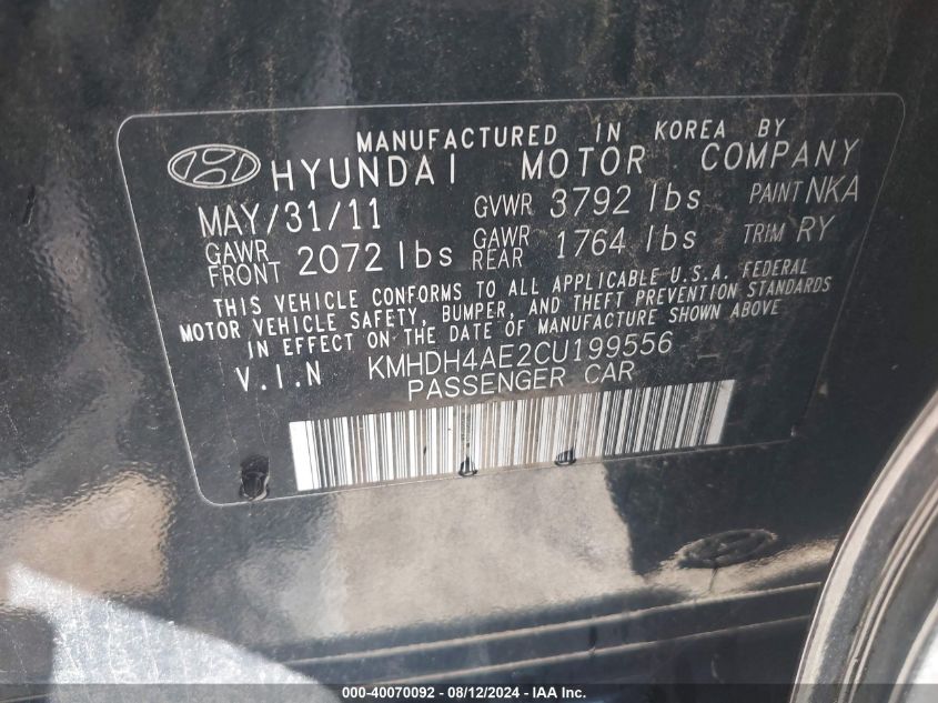 2012 Hyundai Elantra Limited (Ulsan Plant) VIN: KMHDH4AE2CU199556 Lot: 40070092
