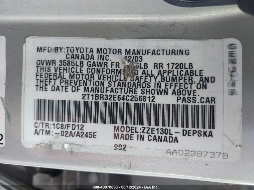 2004 Toyota Corolla S VIN: 2T1BR32E64C256812 Lot: 40070098