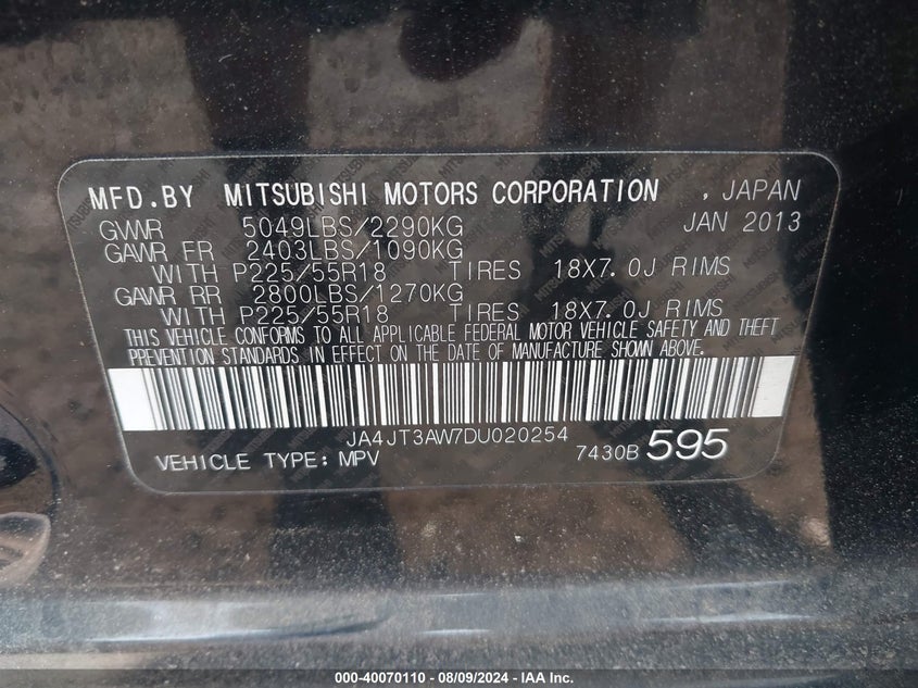 2013 Mitsubishi Outlander Se VIN: JA4JT3AW7DU020254 Lot: 40070110