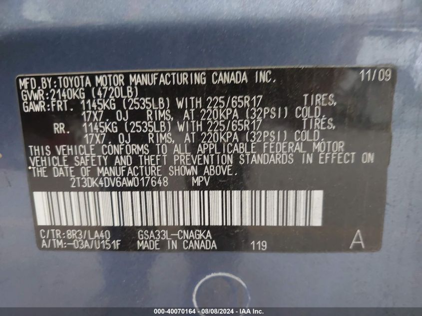 2010 Toyota Rav4 Limited V6 VIN: 2T3DK4DV6AW017648 Lot: 40070164