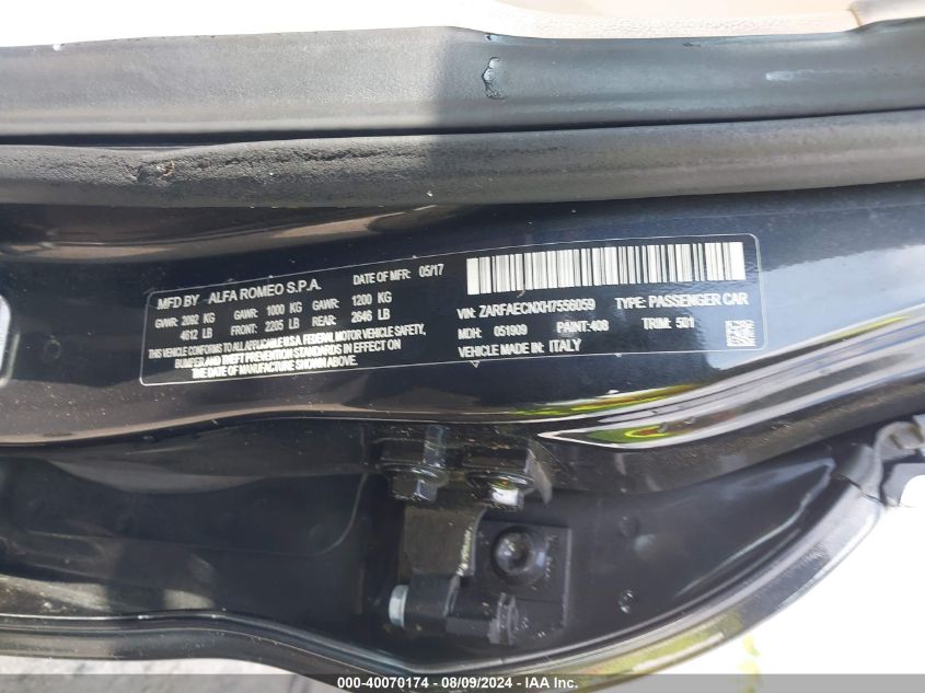 VIN ZARFAECNXH7556059 2017 ALFA ROMEO GIULIA TI RWD