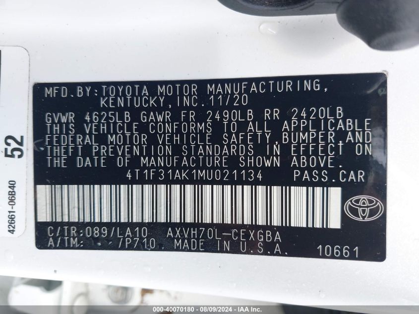 2021 Toyota Camry Xle Hybrid VIN: 4T1F31AK1MU021134 Lot: 40070180