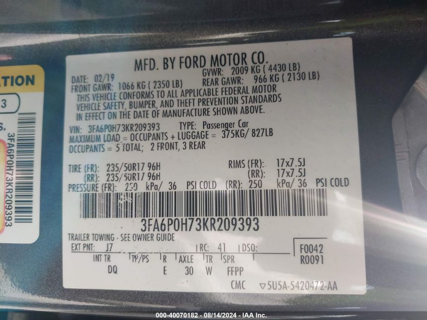 2019 FORD FUSION SE - 3FA6P0H73KR209393