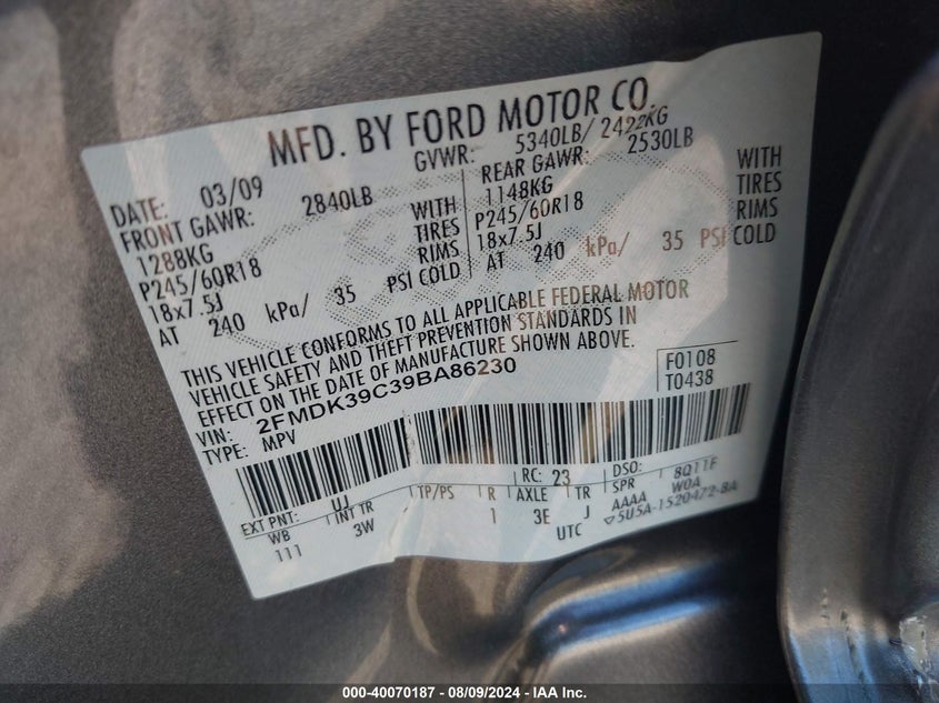 2009 Ford Edge Limited VIN: 2FMDK39C39BA86230 Lot: 40070187