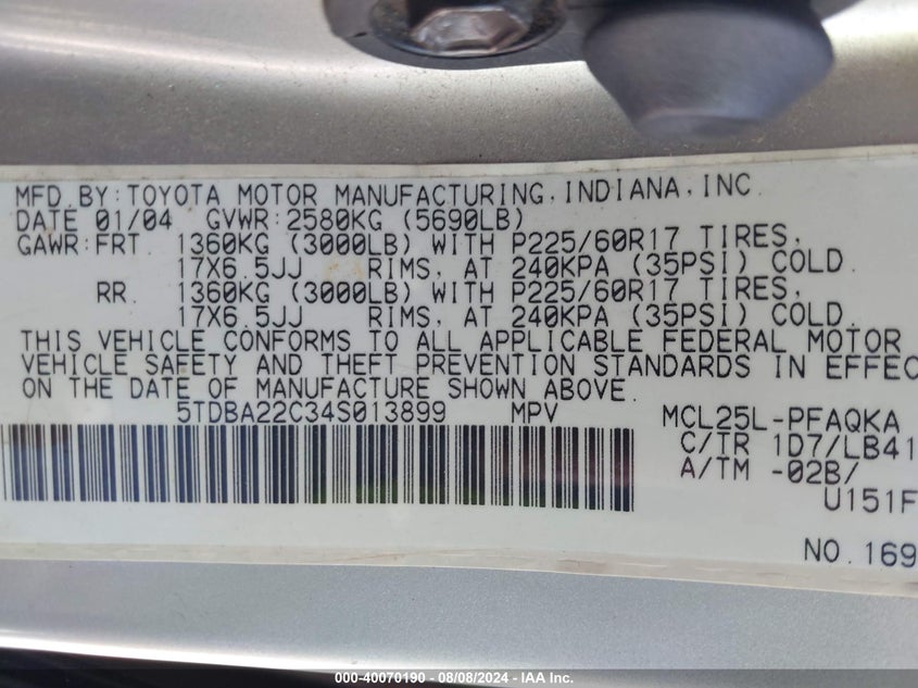 2004 Toyota Sienna Xle/Xle Limited VIN: 5TDBA22C34S013899 Lot: 40070190