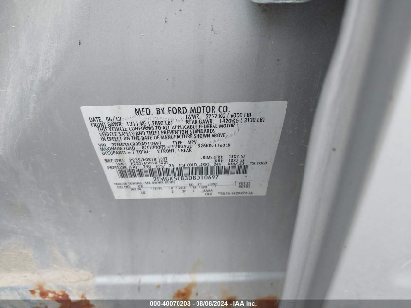 2013 Ford Flex Sel VIN: 2FMGK5C83DBD10697 Lot: 40070203