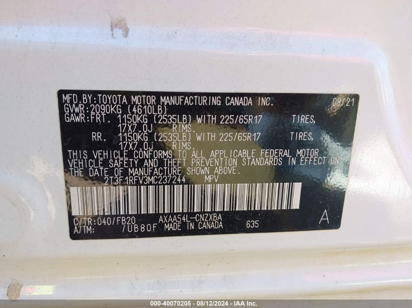 VIN: 2T3F1RFV3MC237244 2021 TOYOTA RAV4 LE