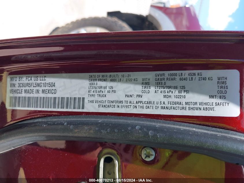 2022 RAM 2500 LARAMIE  4X4 6'4 BOX - 3C6UR5FL5NG101504