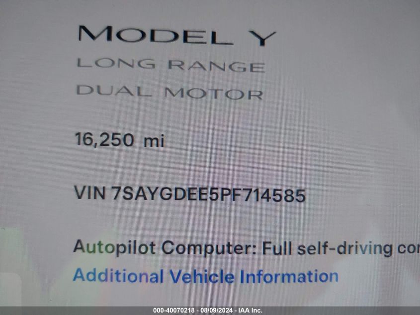 2023 Tesla Model Y Awd/Long Range Dual Motor All-Wheel Drive VIN: 7SAYGDEE5PF714585 Lot: 40070218