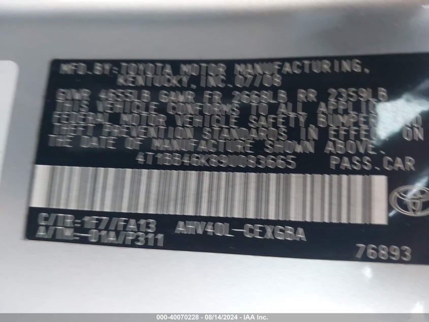 2009 Toyota Camry Hybrid VIN: 4T1BB46K89U083665 Lot: 40070228