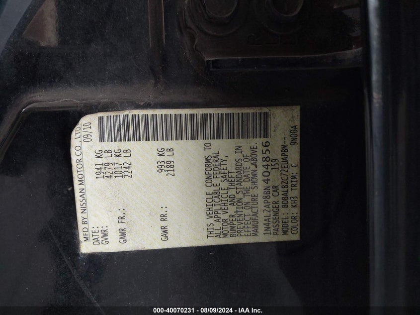 2011 Nissan Altima 2.5/2.5 S VIN: 1N4AL2AP8BN404856 Lot: 40070231