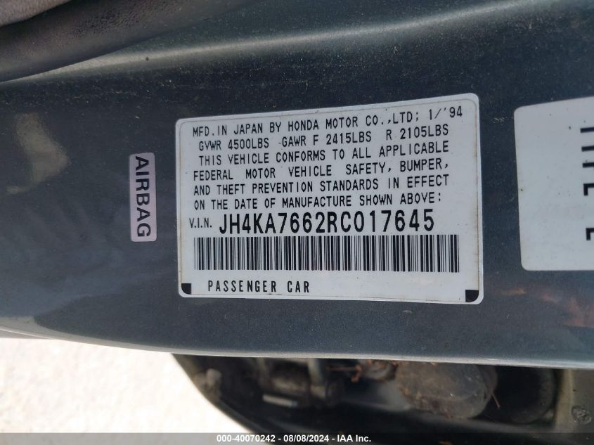 1994 Acura Legend L VIN: JH4KA7662RC017645 Lot: 40070242