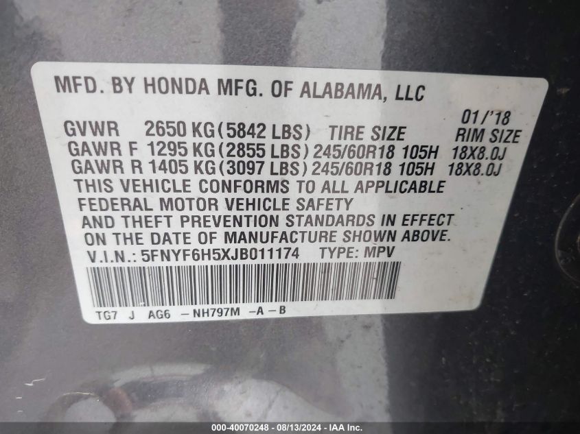 2018 Honda Pilot Ex-L VIN: 5FNYF6H5XJB011174 Lot: 40070248