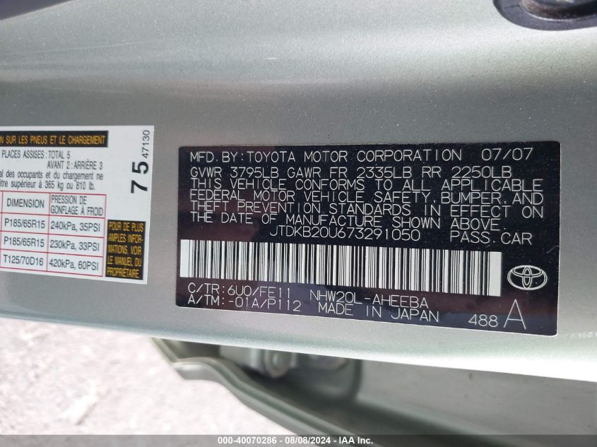 2007 Toyota Prius VIN: JTDKB20U673291050 Lot: 40070286