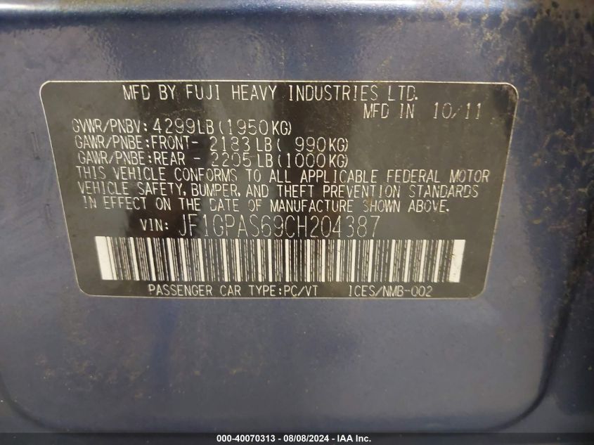 2012 Subaru Impreza 2.0I Sport Limited VIN: JF1GPAS69CH204387 Lot: 40070313