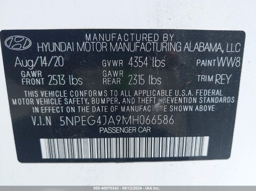 2021 Hyundai Sonata Se VIN: 5NPEG4JA9MH066586 Lot: 40070343