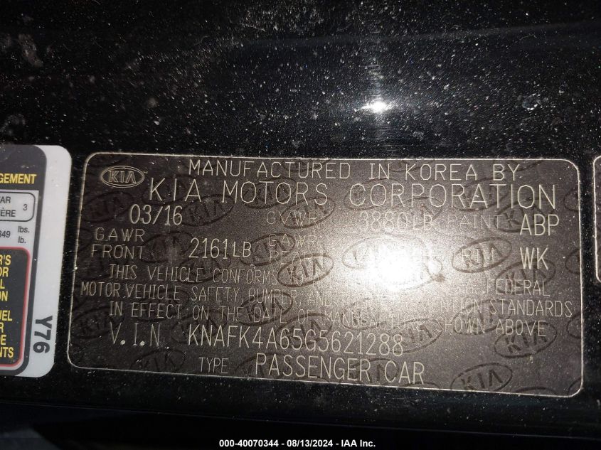 2016 Kia Forte Lx VIN: KNAFK4A65G5621288 Lot: 40070344