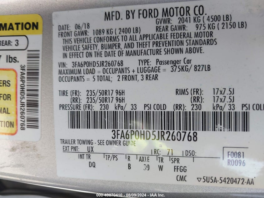 2018 Ford Fusion Se VIN: 3FA6P0HD5JR260768 Lot: 40070410
