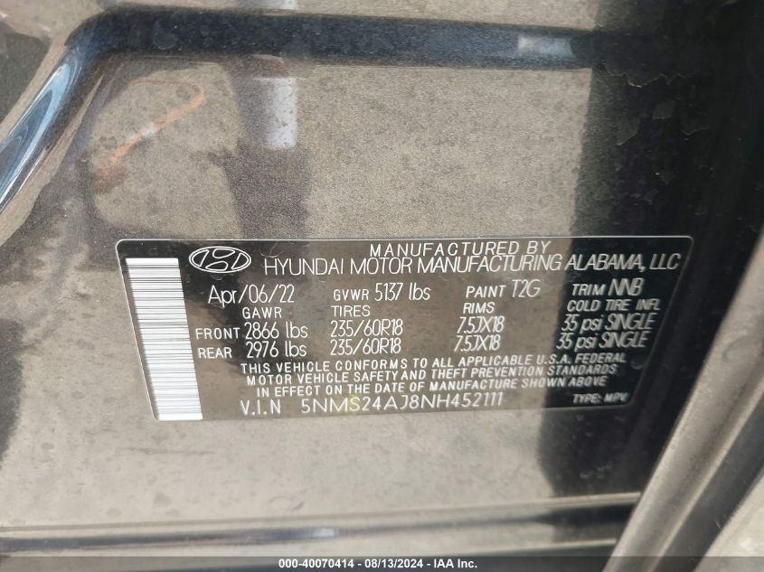 2022 Hyundai Santa Fe Sel VIN: 5NMS24AJ8NH452111 Lot: 40070414