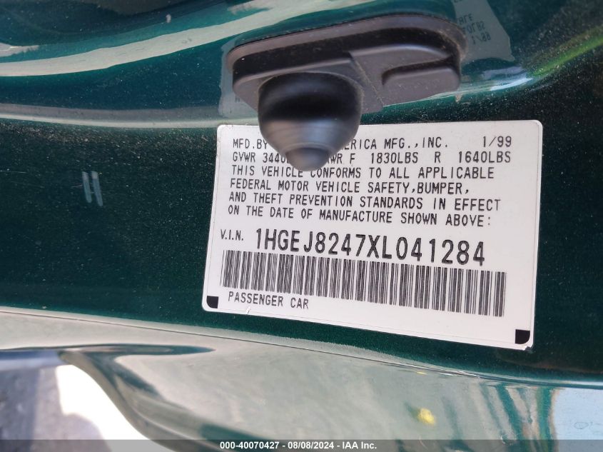 1999 Honda Civic Ex VIN: 1HGEJ8247XL041284 Lot: 40070427