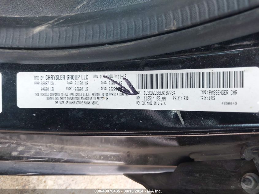 2014 Dodge Avenger Sxt VIN: 1C3CDZCB8EN187764 Lot: 40070435