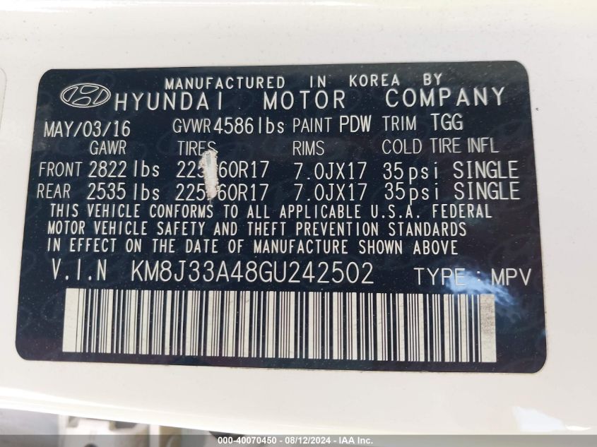 KM8J33A48GU242502 2016 Hyundai Tucson Se