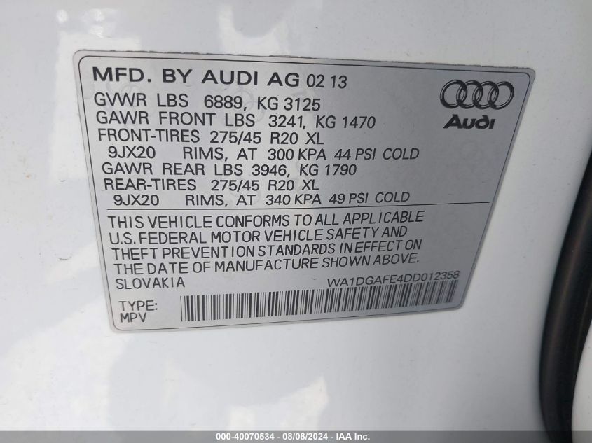 2013 Audi Q7 3.0T S Line Prestige VIN: WA1DGAFE4DD012358 Lot: 40070534