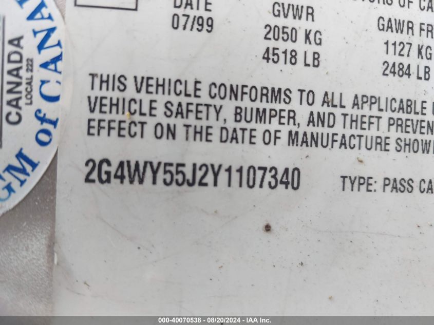 2000 Buick Century Limited VIN: 2G4WY55J2Y1107340 Lot: 40070538