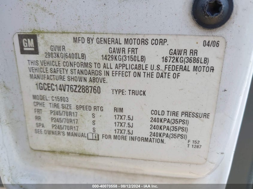 2006 Chevrolet Silverado 1500 Work Truck VIN: 1GCEC14V76Z288760 Lot: 40070558