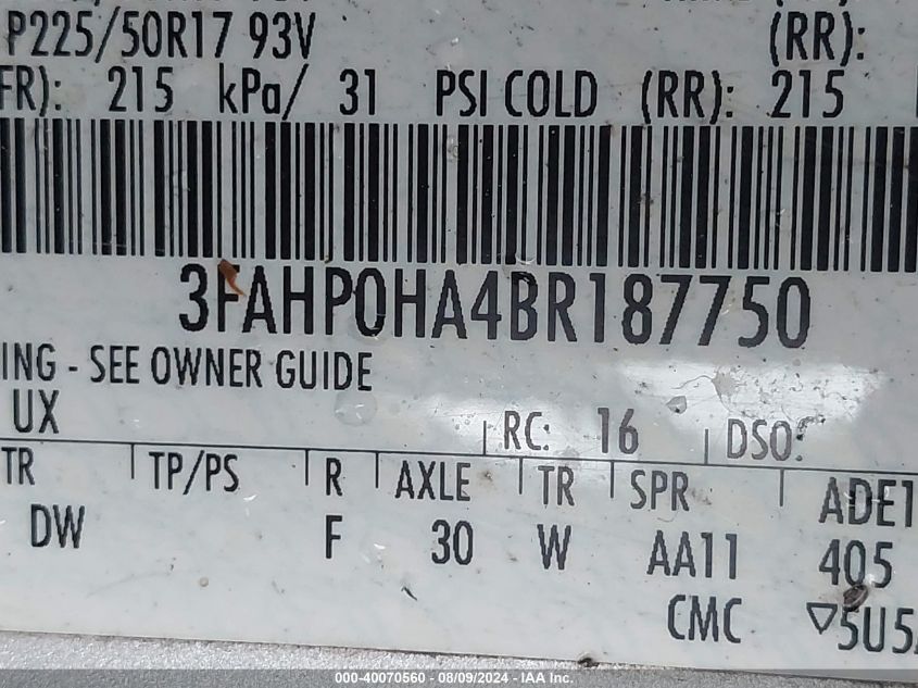 2011 Ford Fusion Se VIN: 3FAHP0HA4BR187750 Lot: 40070560