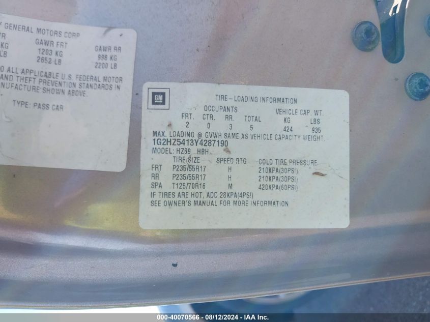 2000 Pontiac Bonneville Ssei VIN: 1G2HZ5413Y4287190 Lot: 40070566