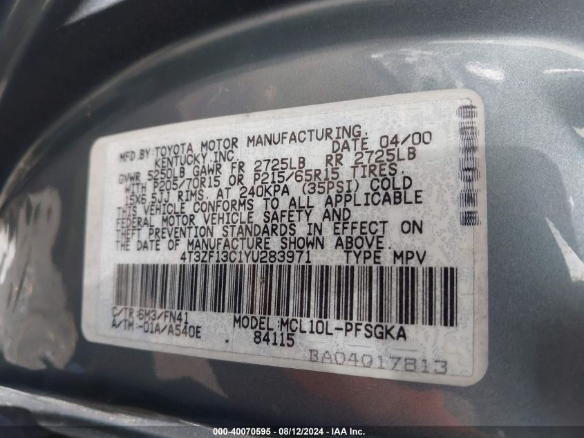 2000 Toyota Sienna Le VIN: 4T3ZF13C1YU283971 Lot: 40070595