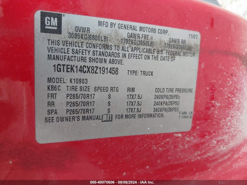2008 GMC Sierra 1500 Work Truck VIN: 1GTEK14CX8Z191458 Lot: 40070606