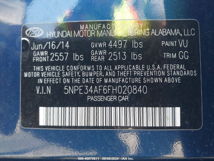 2015 Hyundai Sonata Sport VIN: 5NPE34AF6FH020840 Lot: 40070611