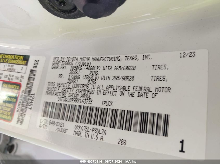 2024 Toyota Tundra Limited VIN: 5TFWA5DB9RX163735 Lot: 40070614