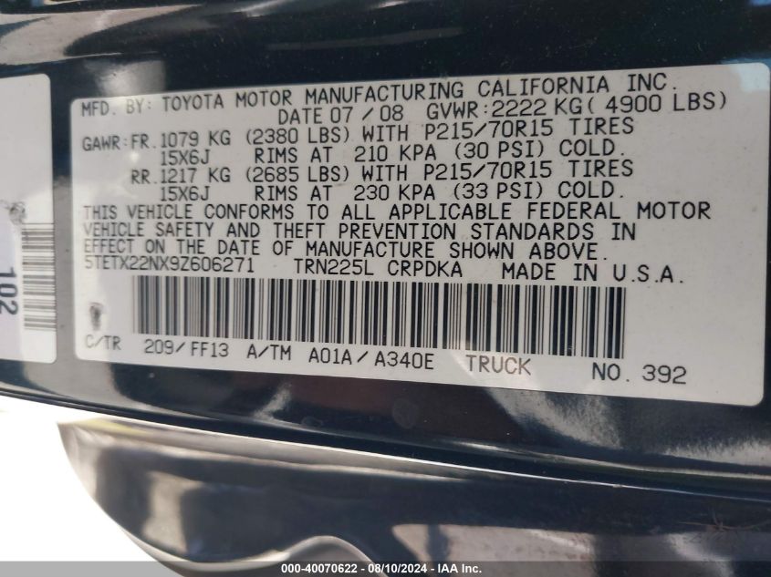 2009 Toyota Tacoma VIN: 5TETX22NX9Z606271 Lot: 40070622