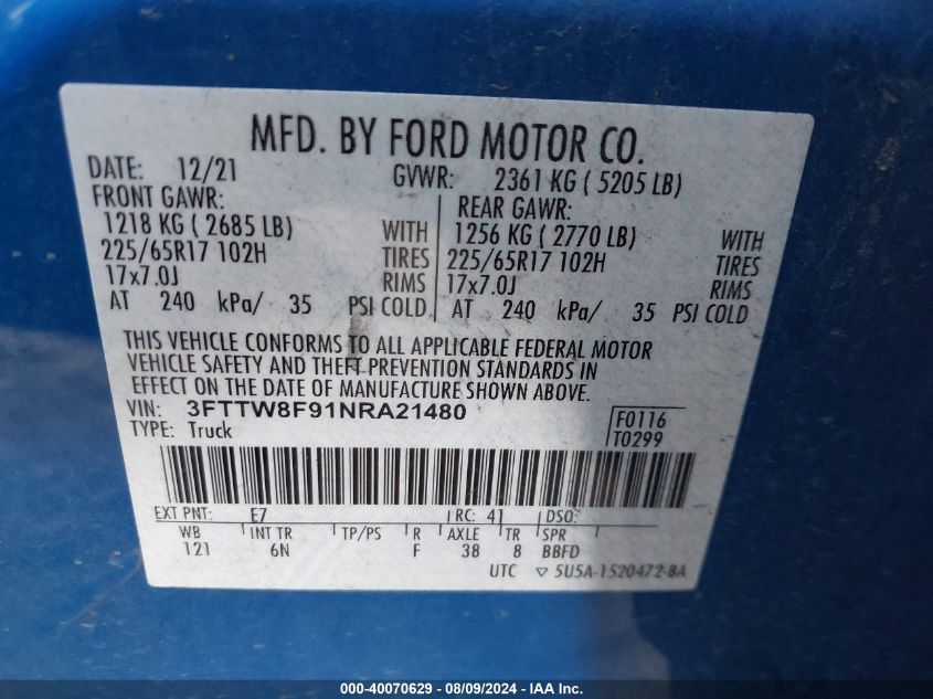 2022 Ford Maverick Lariat VIN: 3FTTW8F91NRA21480 Lot: 40070629