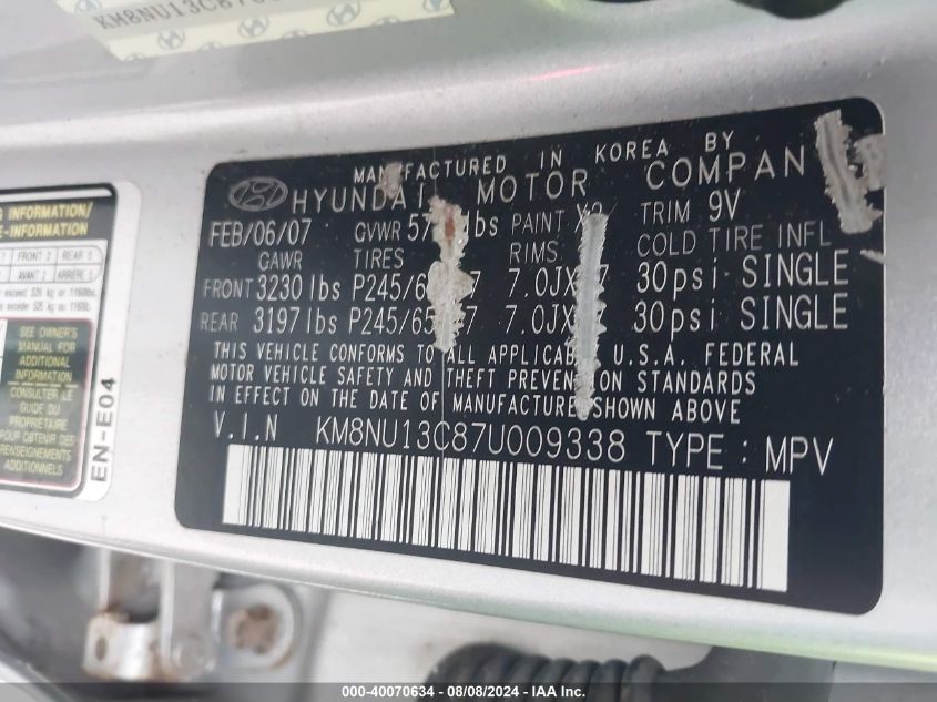 2007 Hyundai Veracruz Gls/Limited/Se VIN: KM8NU13C87U009338 Lot: 40070634